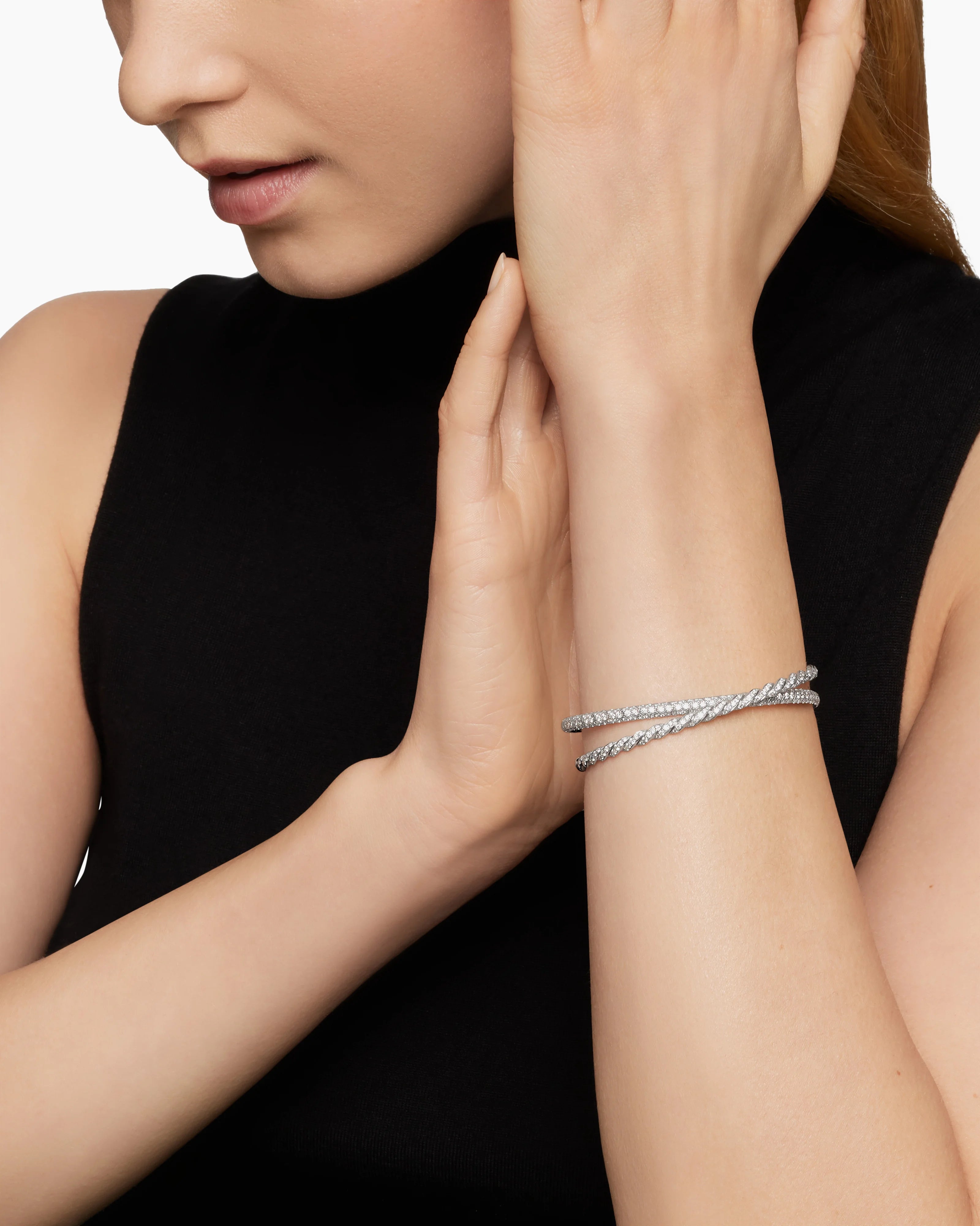 SCULPTED CABLE FLEX TWO ROW BRACELET 18K White Gold with Diamonds, 16mm