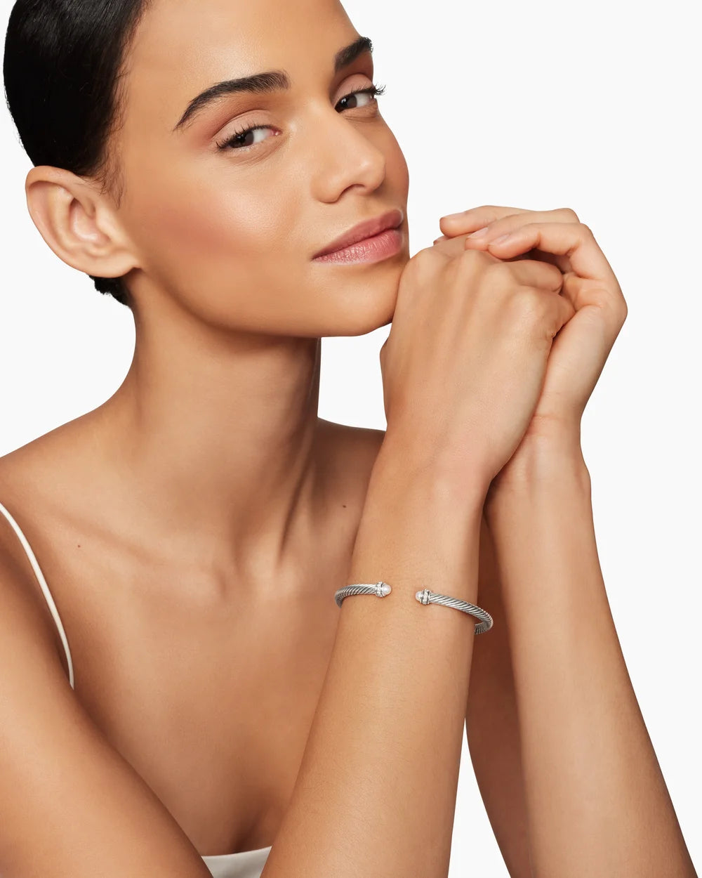 Classic Cable Bracelet Sterling Silver with Pearls and Diamonds, 4mm