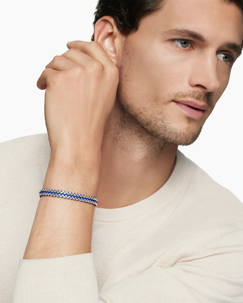 WOVEN BOX CHAIN BRACELET Sterling Silver with Blue Nylon, 10mm