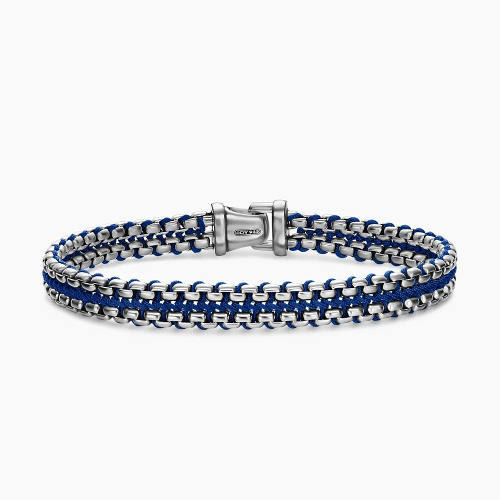 WOVEN BOX CHAIN BRACELET Sterling Silver with Blue Nylon, 10mm