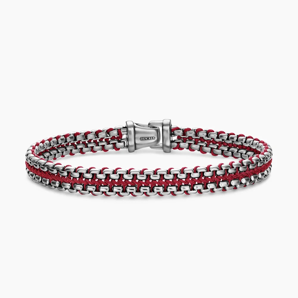 WOVEN BOX CHAIN BRACELET Sterling Silver with Red Nylon, 10mm