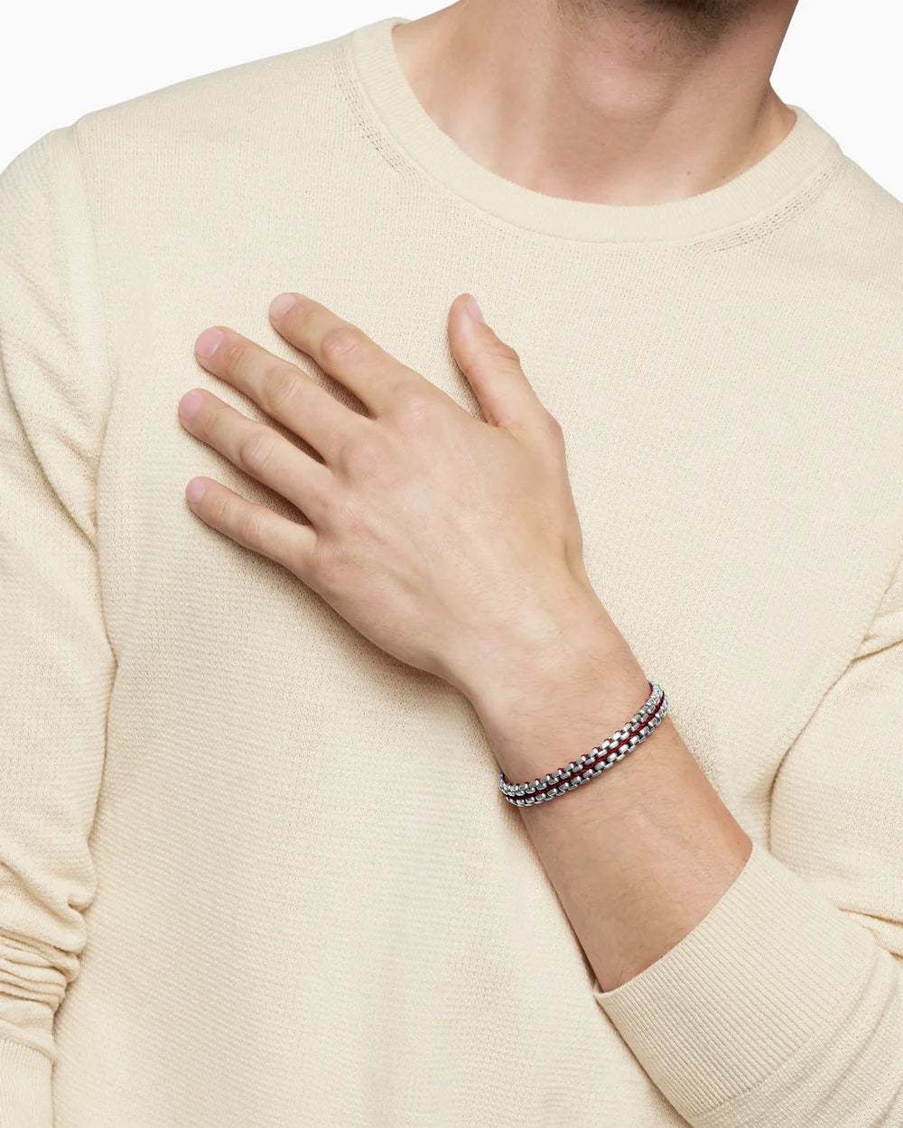 WOVEN BOX CHAIN BRACELET Sterling Silver with Red Nylon, 12mm