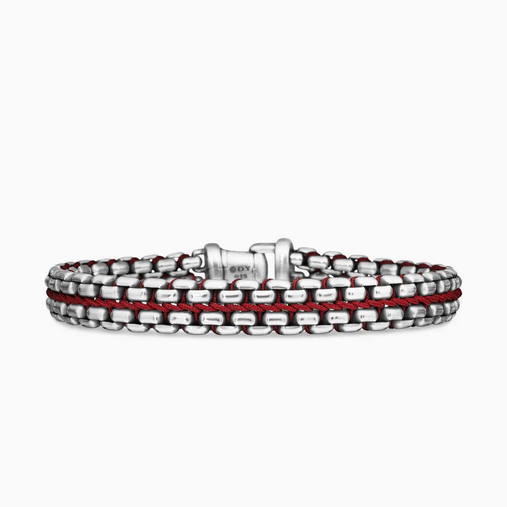 WOVEN BOX CHAIN BRACELET Sterling Silver with Red Nylon, 12mm