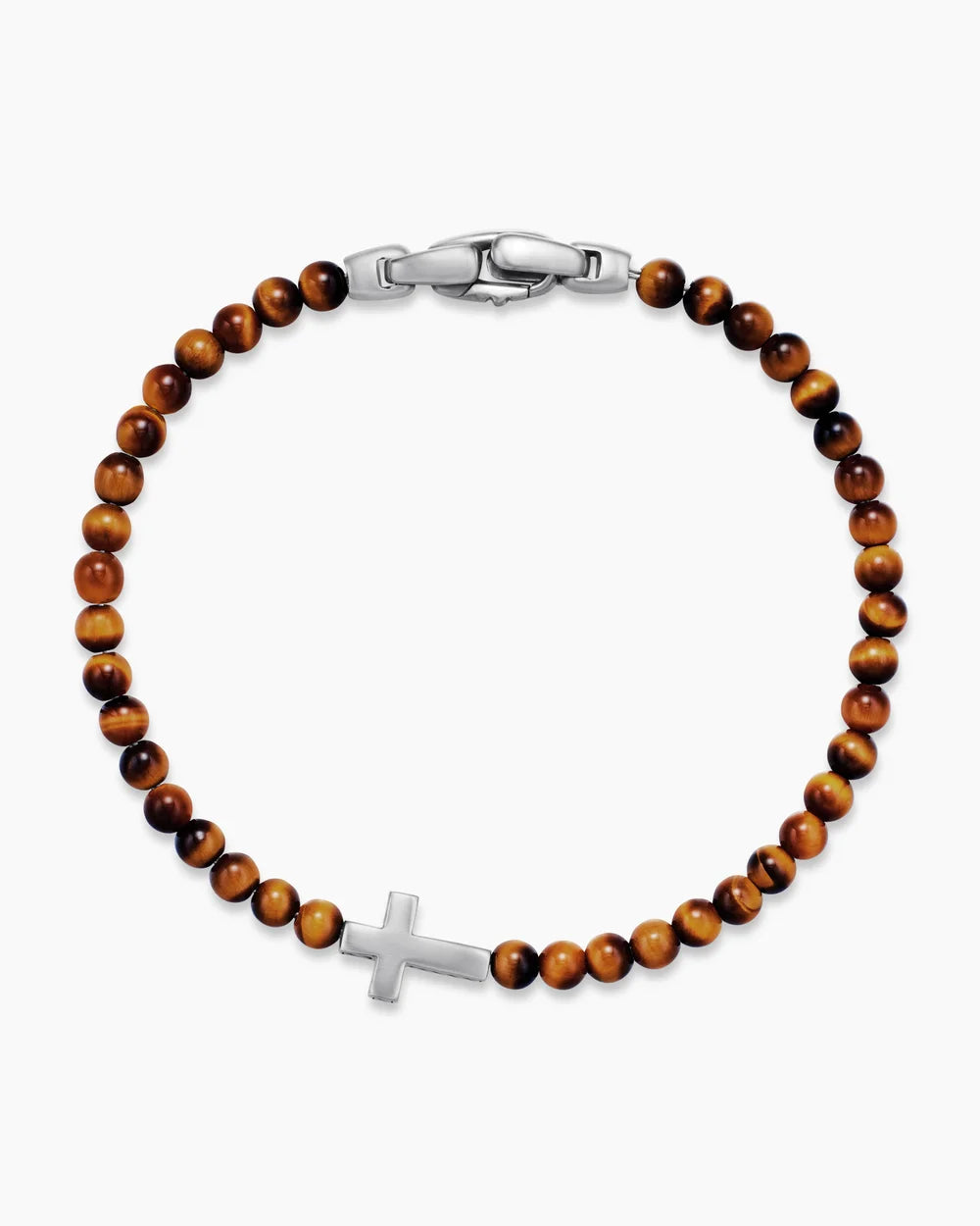 SPIRITUAL BEADS CROSS STATION BRACELET Sterling Silver with Tiger’s Eye, 4mm