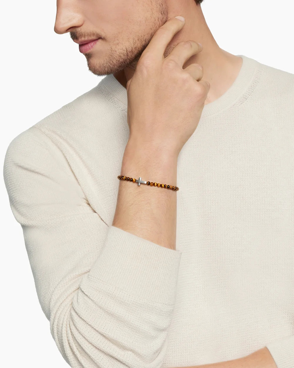 SPIRITUAL BEADS CROSS STATION BRACELET Sterling Silver with Tiger’s Eye, 4mm