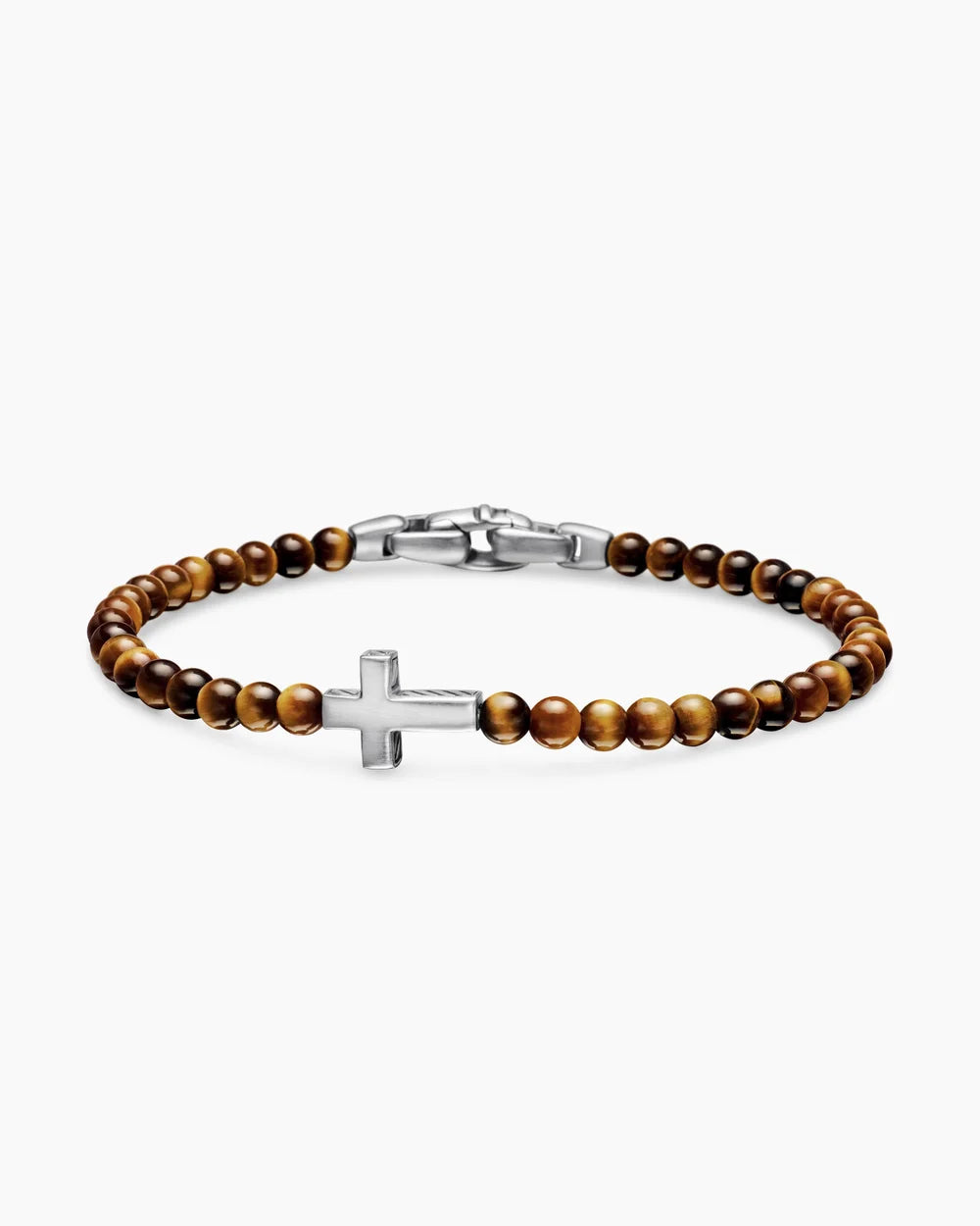 SPIRITUAL BEADS CROSS STATION BRACELET Sterling Silver with Tiger’s Eye, 4mm