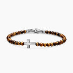 SPIRITUAL BEADS CROSS STATION BRACELET Sterling Silver with Tiger’s Eye, 4mm