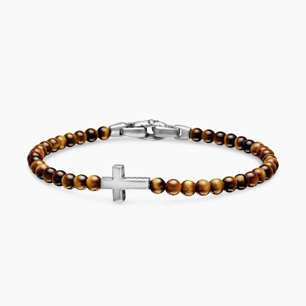 SPIRITUAL BEADS CROSS STATION BRACELET Sterling Silver with Tiger’s Eye, 4mm