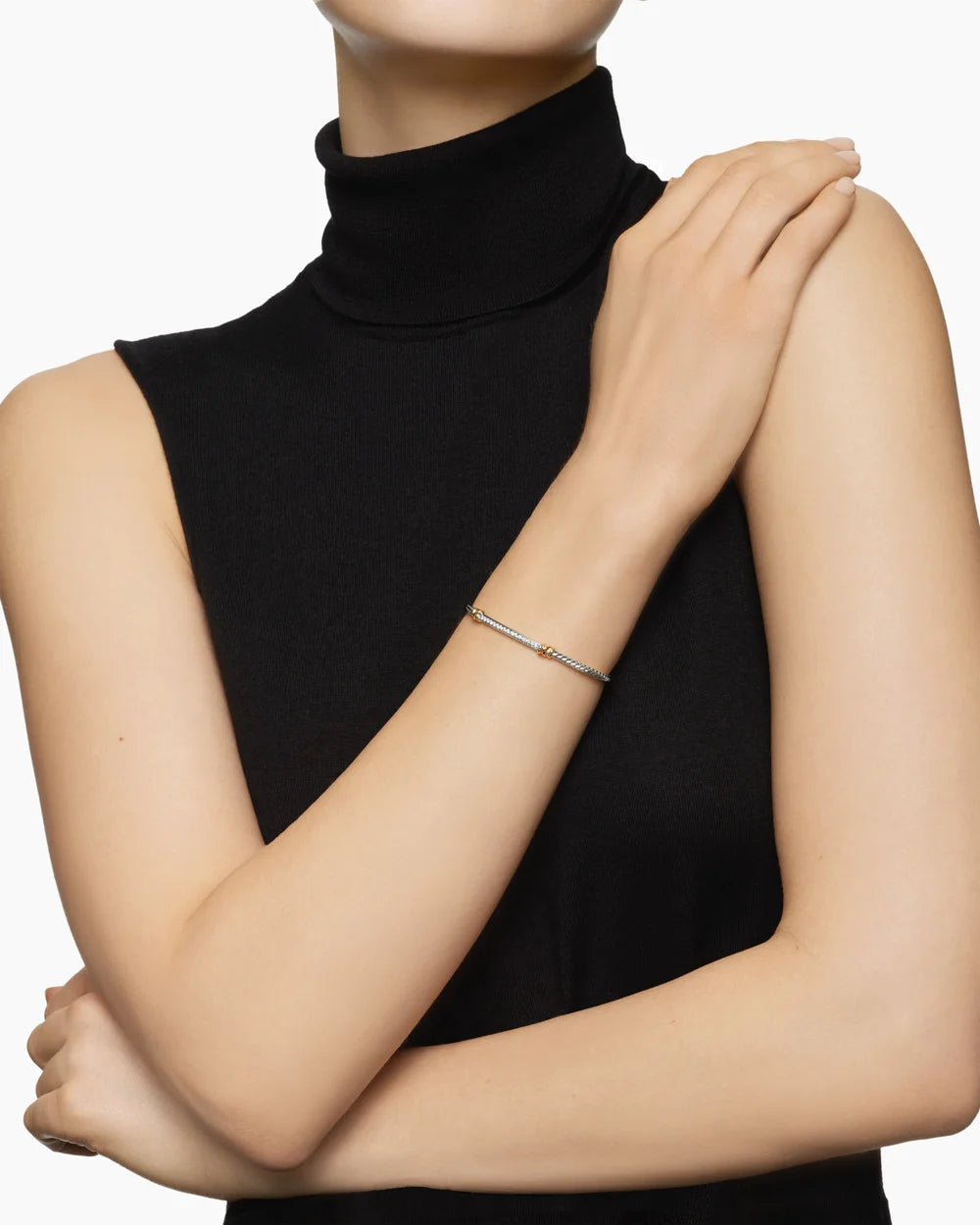 Petite Helena Classic Cable Station Bracelet in Sterling Silver with 18K Yellow Gold with Diamonds, 3mm