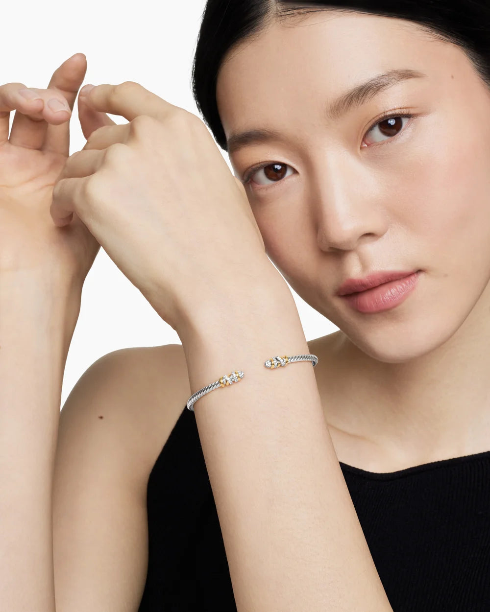 Petite Helena Classic Cable Bracelet in Sterling Silver with 18K Yellow Gold and Diamonds, 3mm