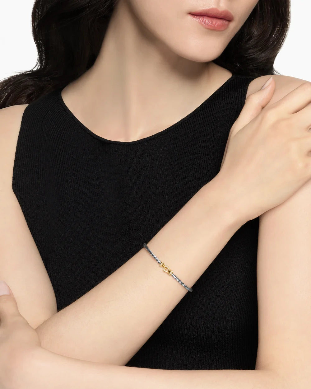 BUCKLE CLASSIC CABLE BRACELET Sterling Silver with 18K Yellow Gold and Diamonds, 3mm