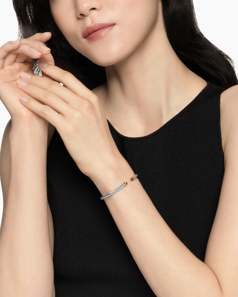 Cable Flex® Bracelet Sterling Silver with 14K Yellow Gold and Rhodolite Garnet, 4mm