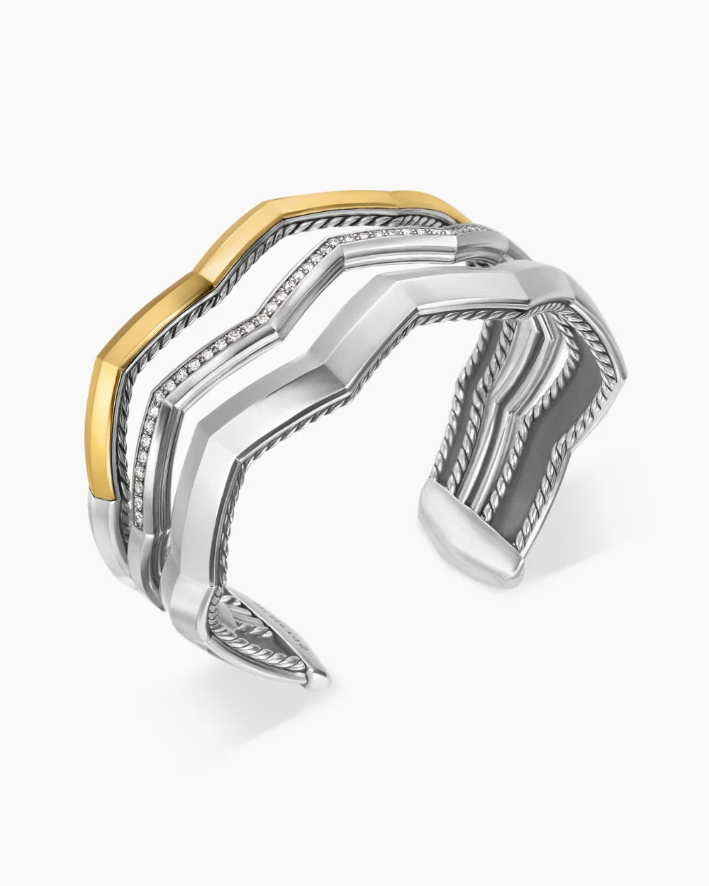 Zig Zag Stax Three Row Cuff Bracelet in Sterling Silver with 18K Yellow Gold and Diamonds, 17.4mm