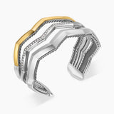 Zig Zag Stax Three Row Cuff Bracelet in Sterling Silver with 18K Yellow Gold and Diamonds, 17.4mm