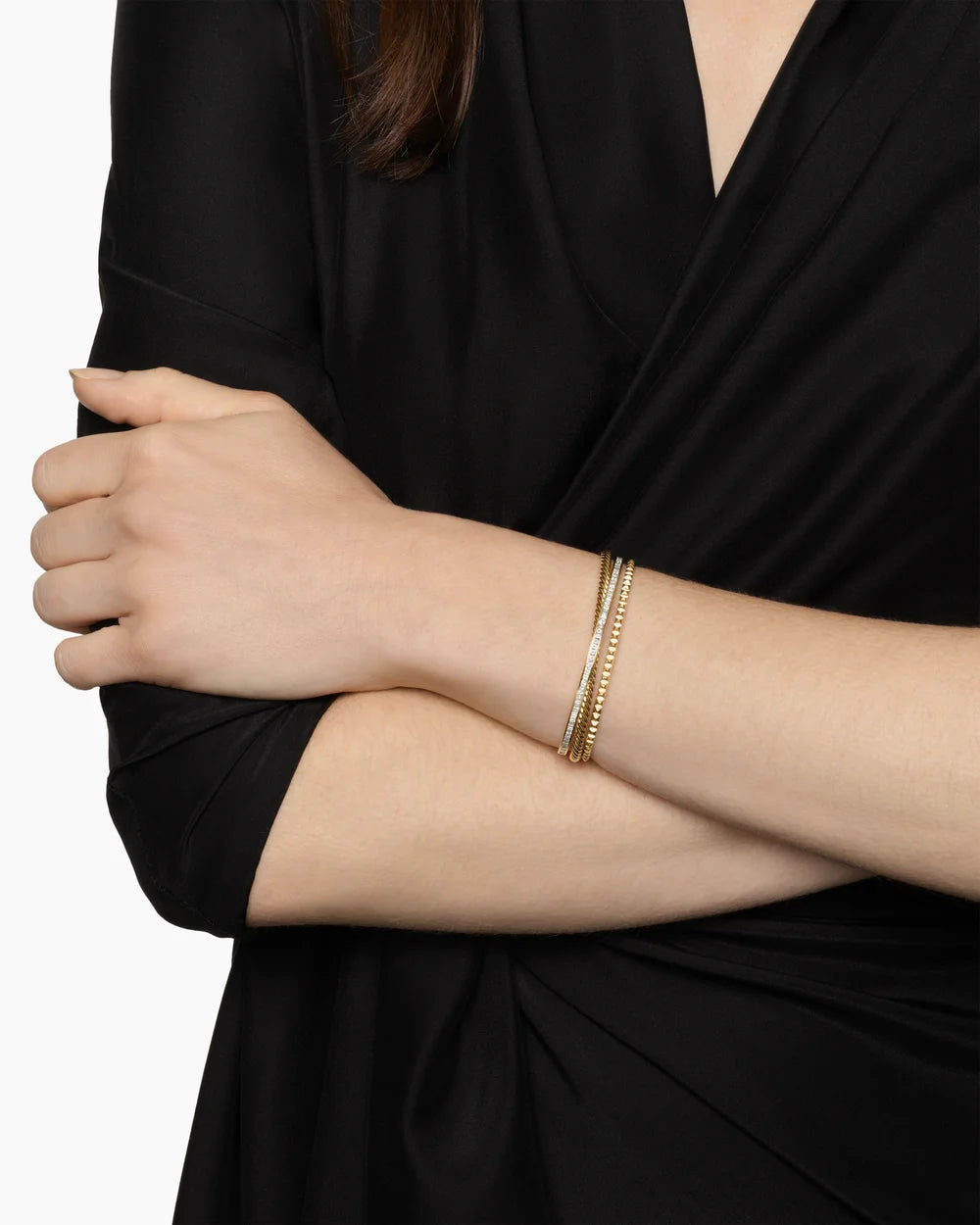 Crossover Trio Three Row Cuff Bracelet 18K Yellow Gold with Diamonds, 11mm