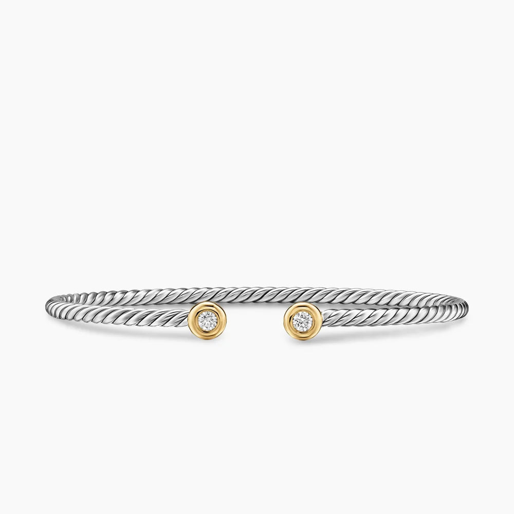 MICRO CABLE FLEX® ROUND BRACELET Sterling Silver with 14K Yellow Gold and Diamonds, 2.6mm