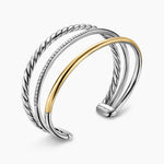 DY MERCER® THREE ROW CUFF BRACELET Sterling Silver with 18K Yellow Gold and Diamonds, 10.4mm