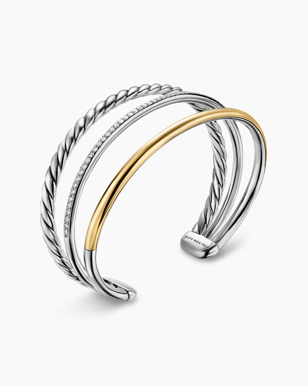 DY MERCER® THREE ROW CUFF BRACELET Sterling Silver with 18K Yellow Gold and Diamonds, 10.4mm