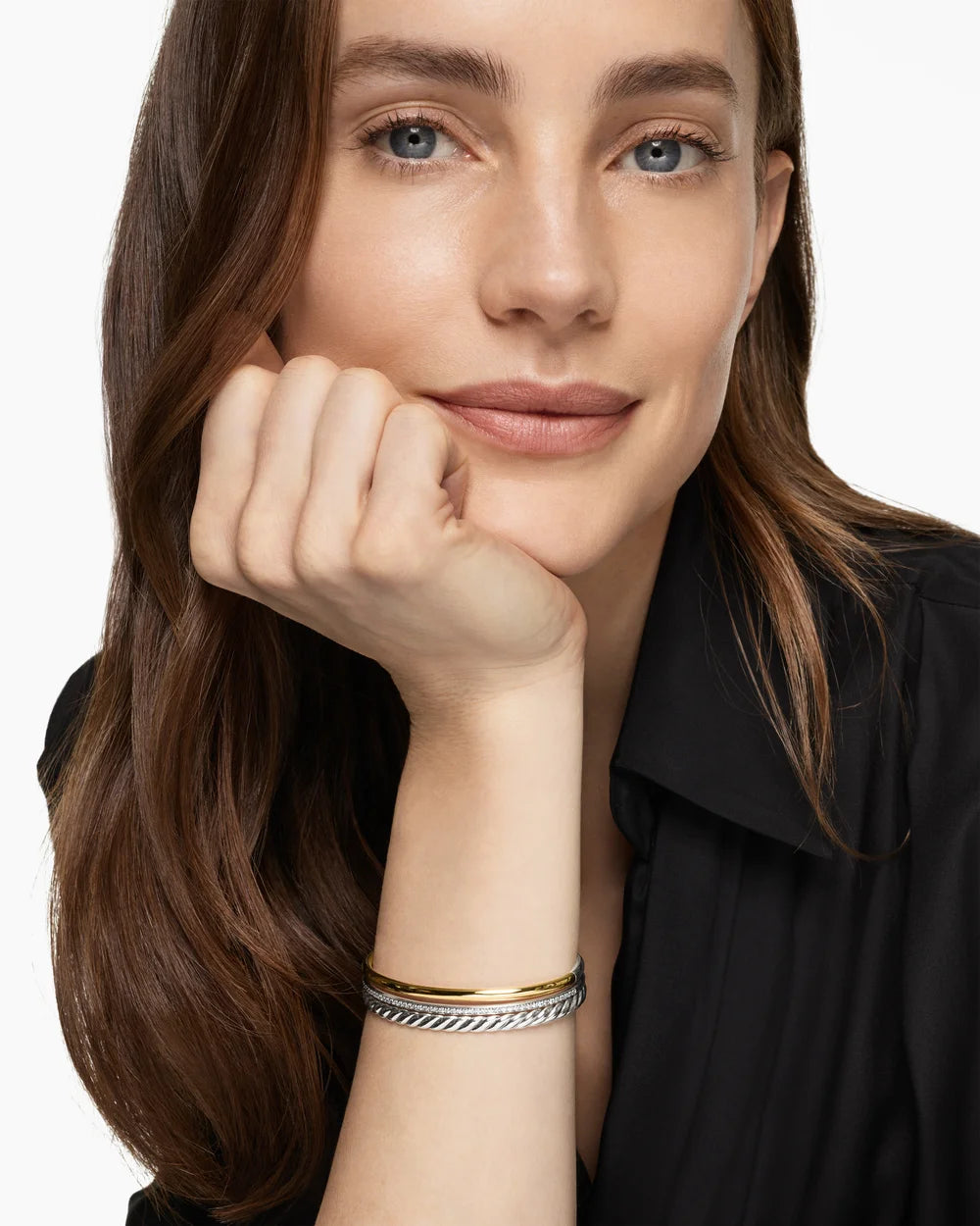 DY MERCER® THREE ROW CUFF BRACELET Sterling Silver with 18K Yellow Gold and Diamonds, 10.4mm