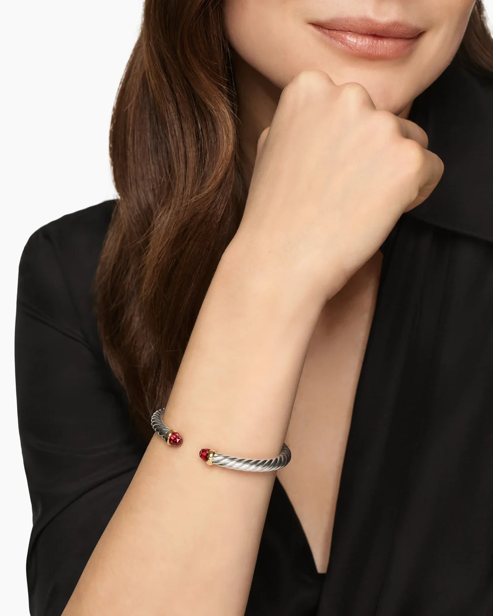 Cable Flex® Bracelet Sterling Silver with 14K Yellow Gold and Rhodolite Garnet, 6mm