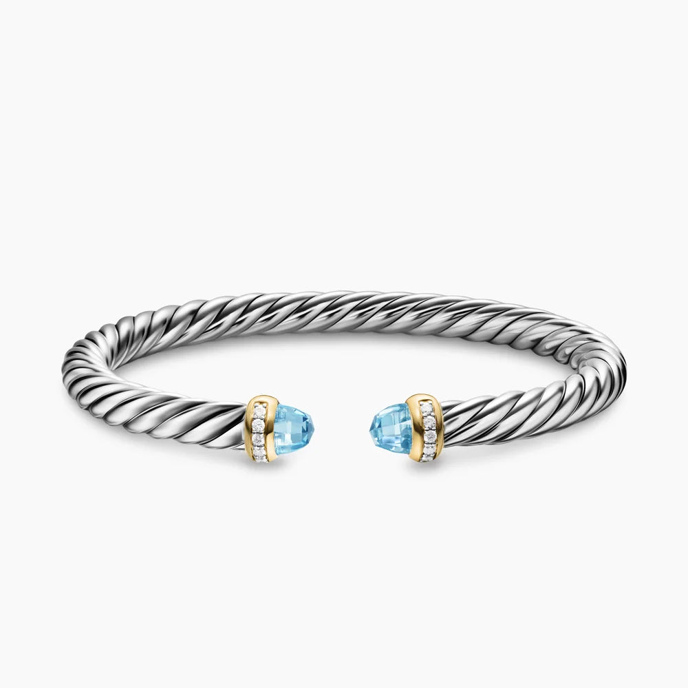 CABLE FLEX® BRACELET Sterling Silver with 14K Yellow Gold, Sky Blue Topaz and Diamonds, 6mm