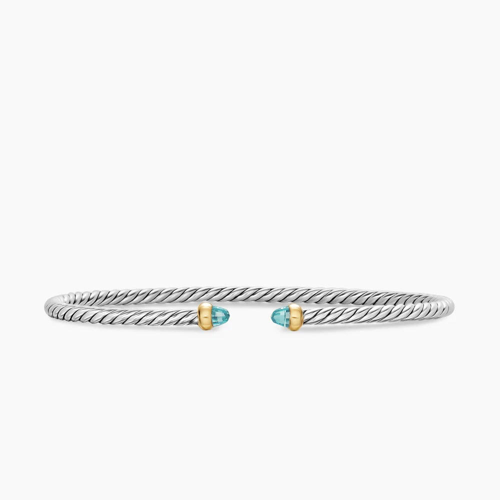 Open cable bracelet with two blue colors gemstones and mixed metal end caps. 