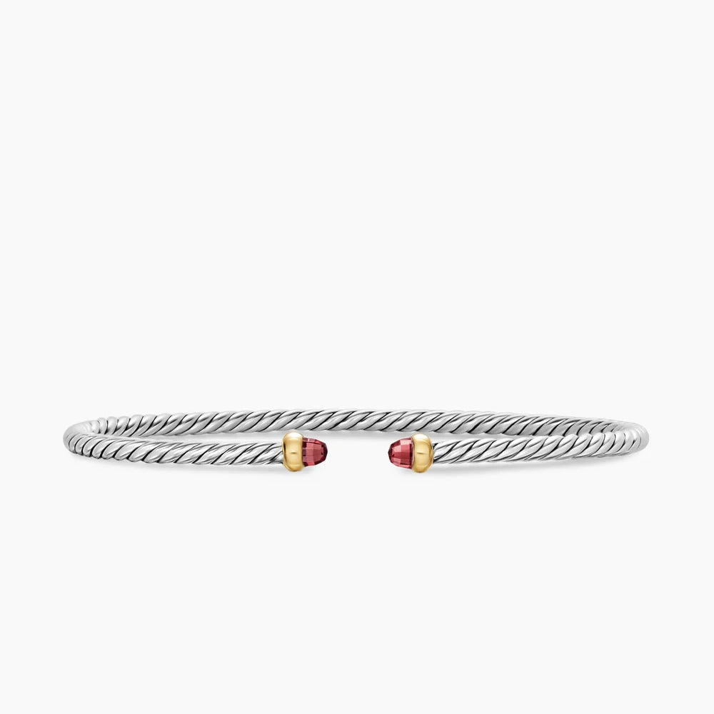 Micro Cable Flex® Bracelet Sterling Silver with 14K Yellow Gold and Rhodolite Garnets, 2.6mm