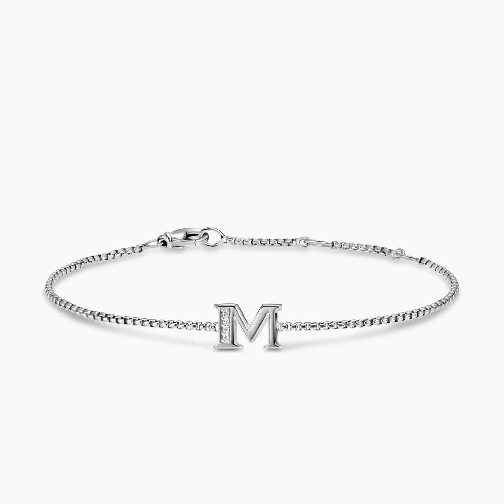 PETITE INITIAL CHAIN BRACELET Sterling Silver with Diamond M