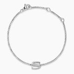 Silver bracelet with a letter 'S' charm on a white background
