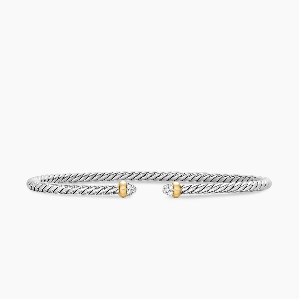 Micro Cable Flex® Bracelet Sterling Silver with 14K Yellow Gold and Pavé Diamond Domes, 2.6mm