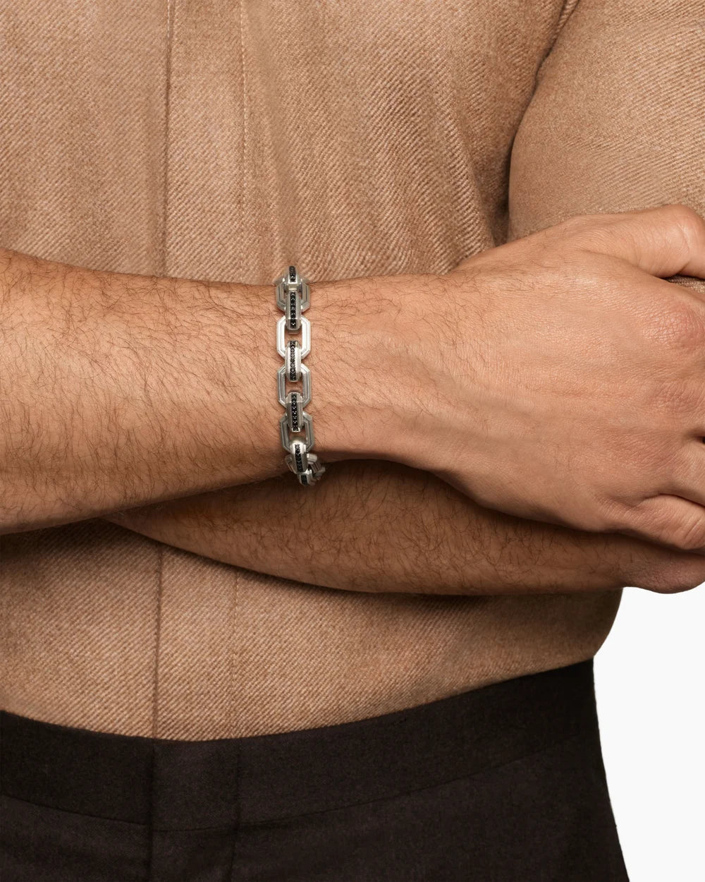 Faceted Flat Link Bracelet Sterling Silver with Black Diamonds, 11mm