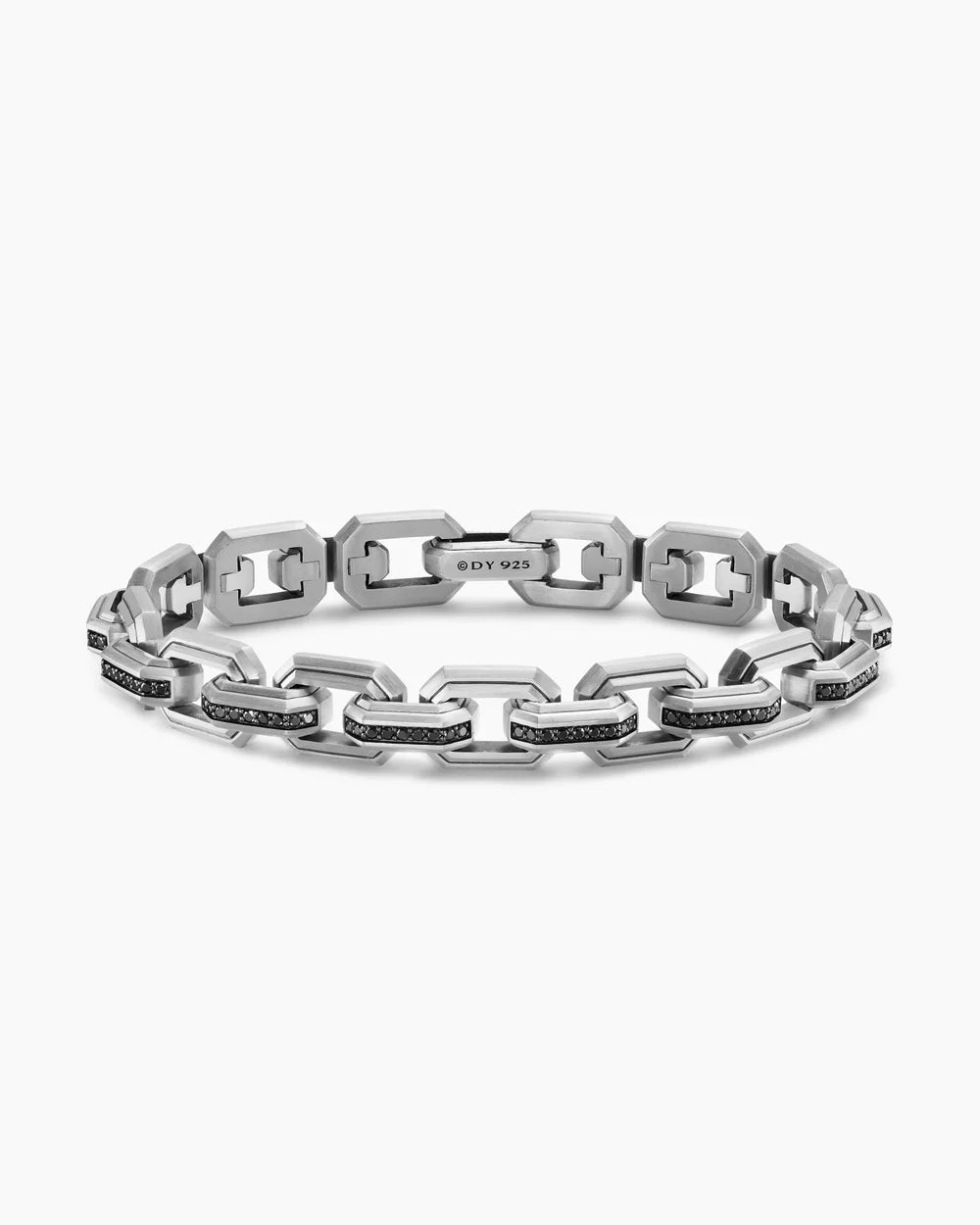Faceted Flat Link Bracelet Sterling Silver with Black Diamonds, 11mm