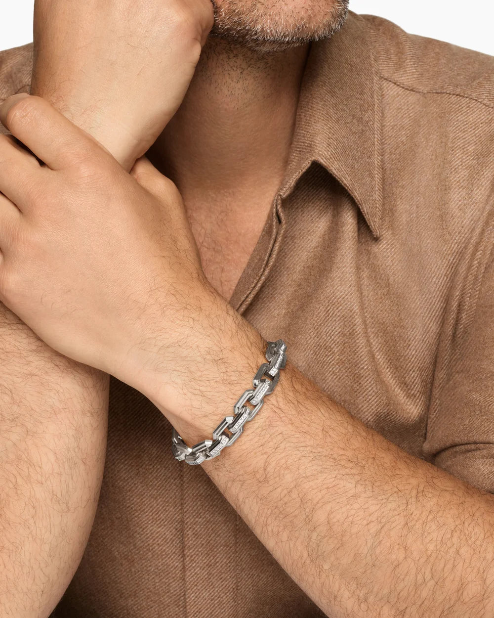 Faceted Flat Link Bracelet Sterling Silver with Diamonds, 11mm