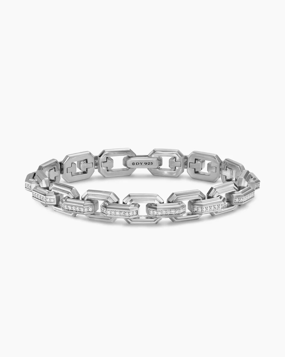 Faceted Flat Link Bracelet Sterling Silver with Diamonds, 11mm