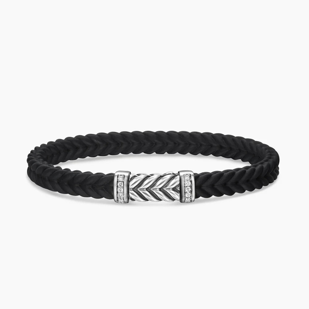 CHEVRON BRACELET Black Rubber with Diamonds and Sterling Silver, 6mm