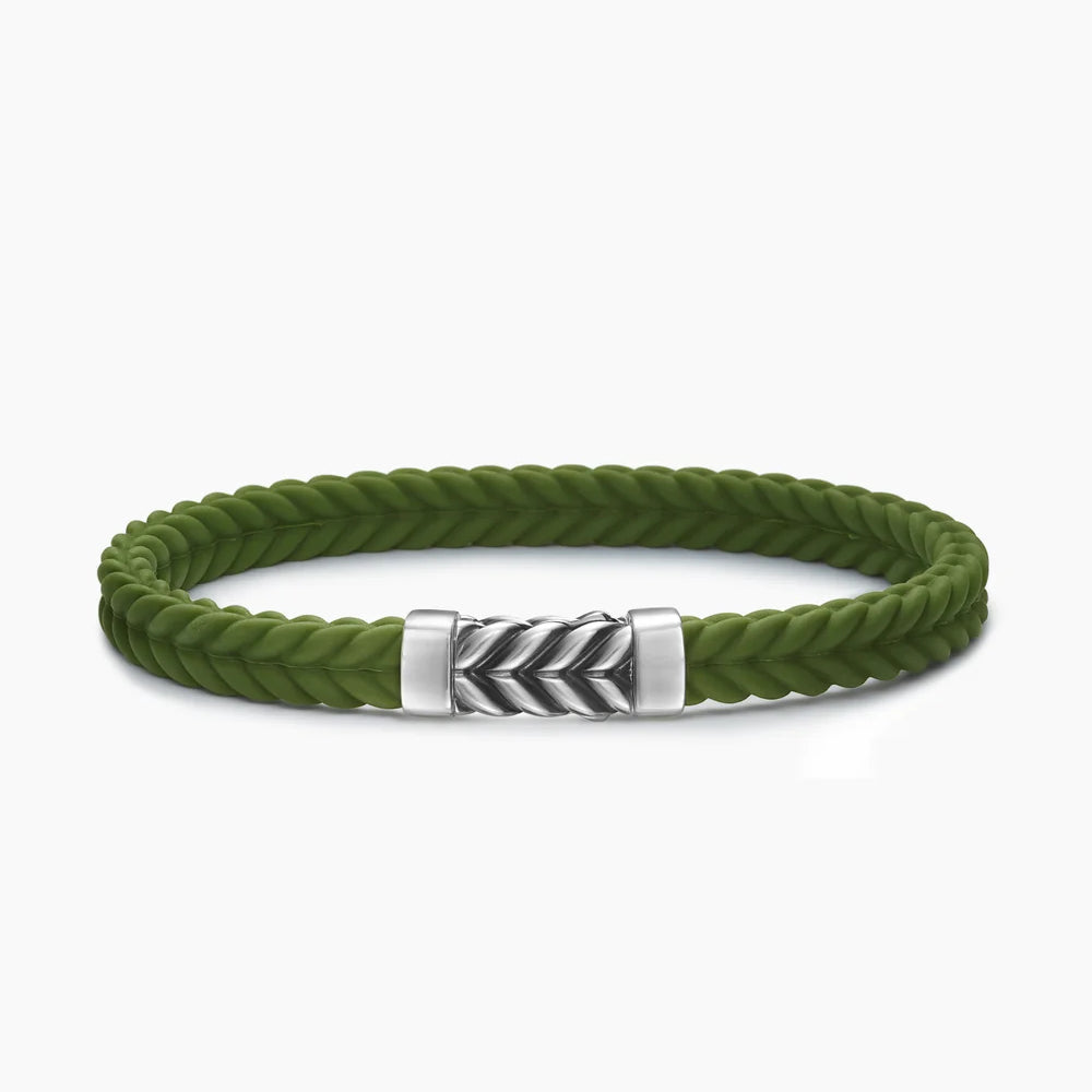 CHEVRON BRACELET Green Rubber with Sterling Silver, 6mm