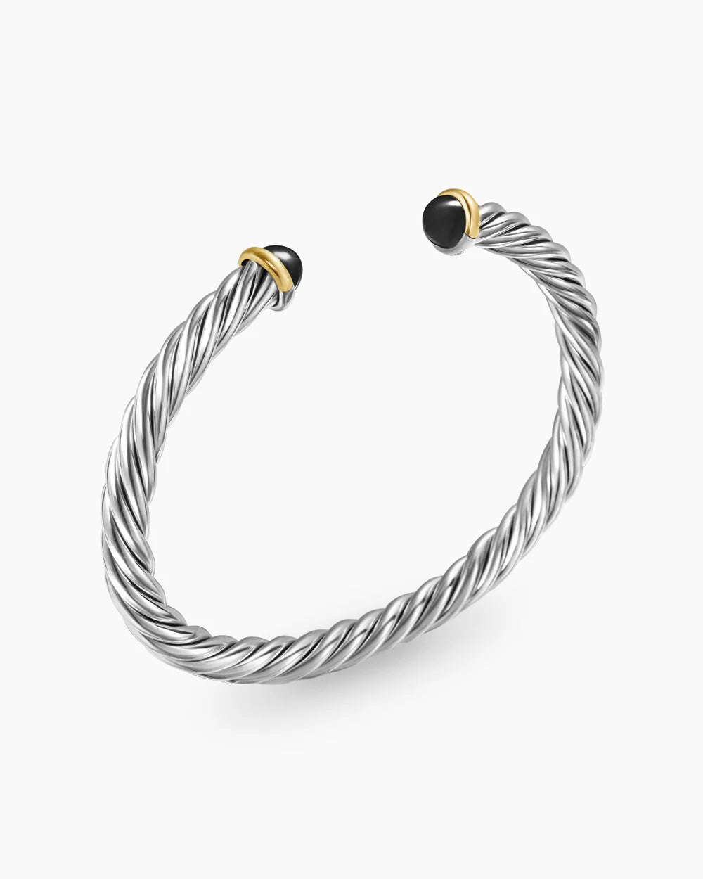 Cable Cuff Bracelet in Sterling Silver with 14K Yellow Gold and Black Onyx, 6mm