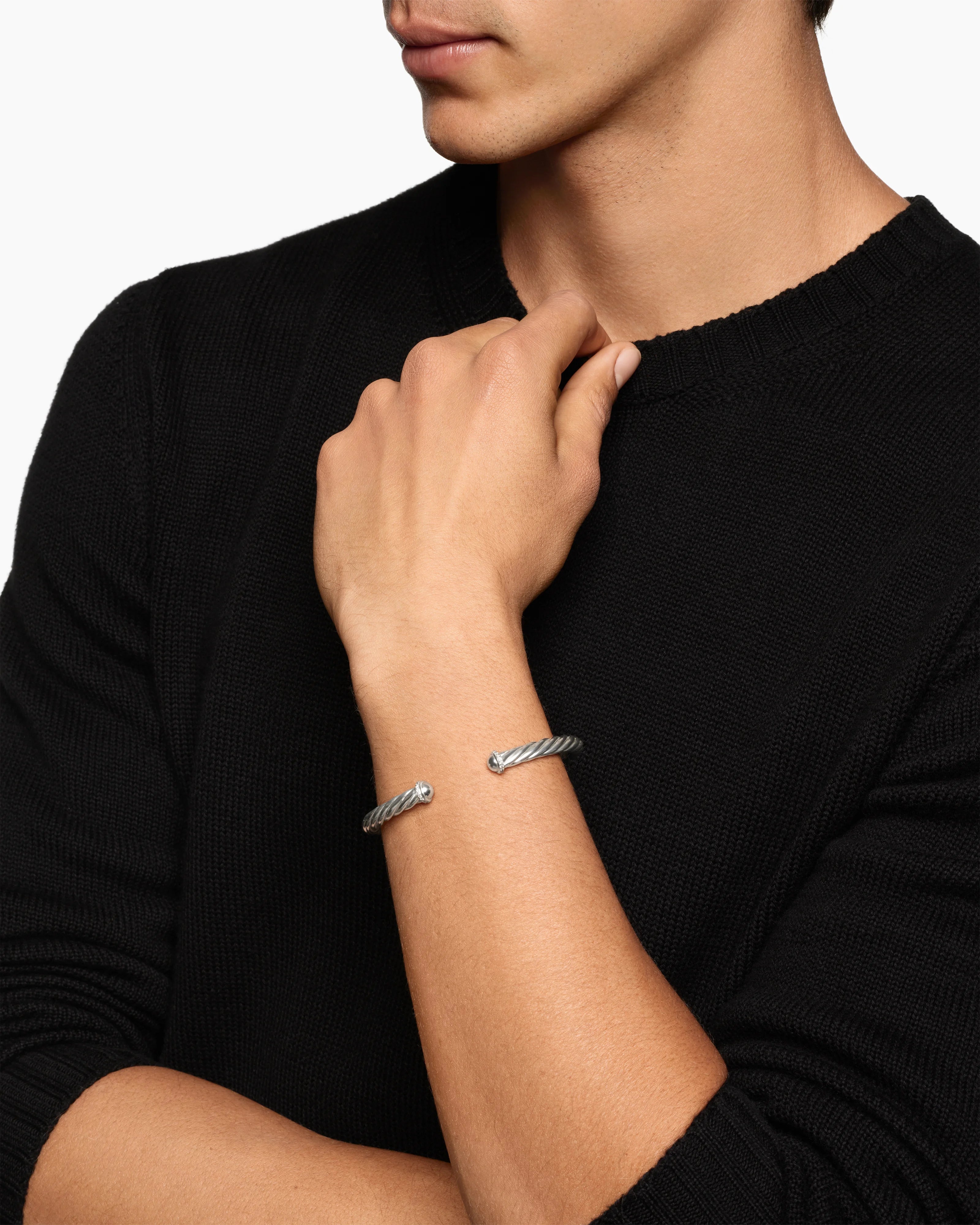 CABLE CUFF BRACELET Sterling Silver with Diamonds, 6mm