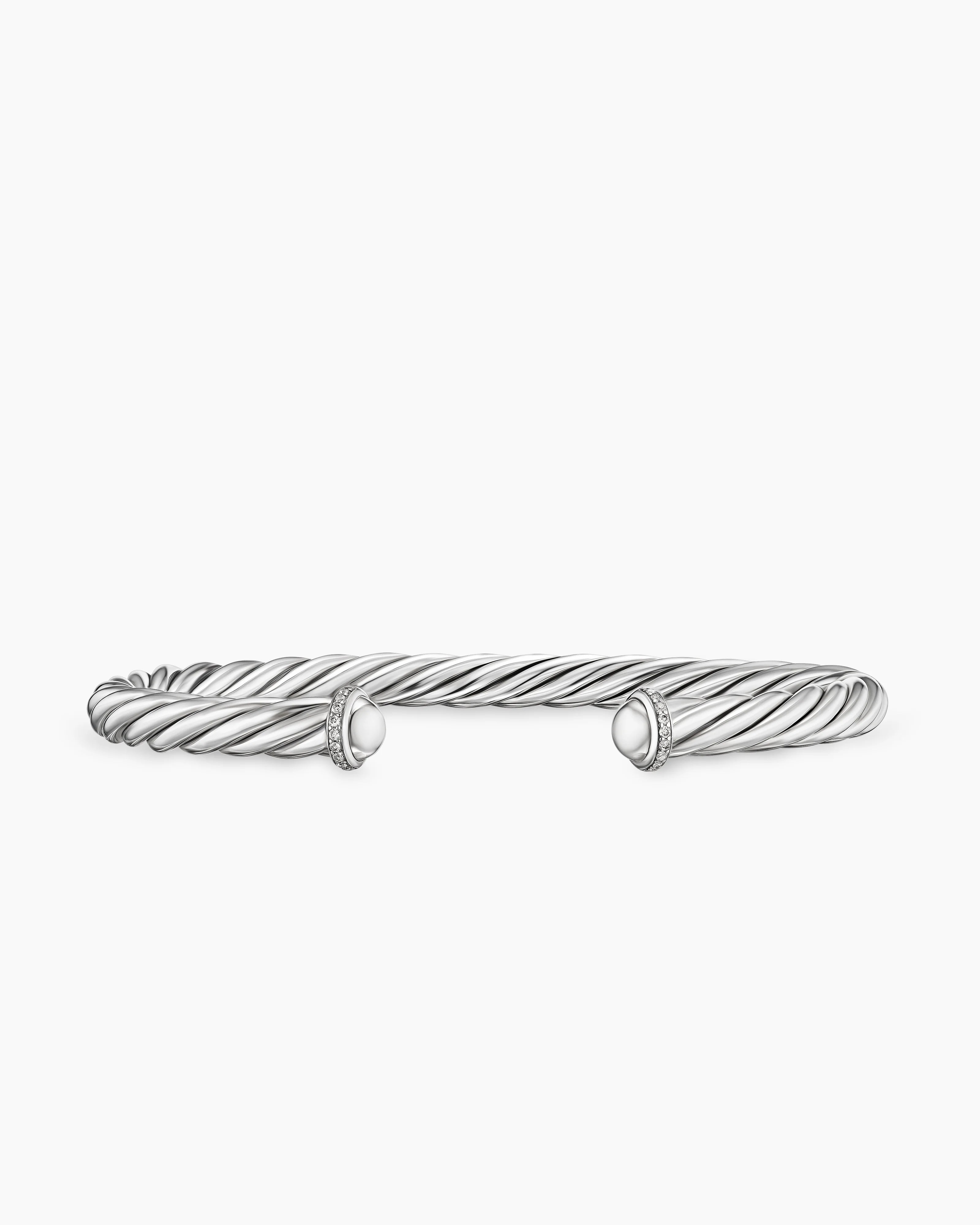 CABLE CUFF BRACELET Sterling Silver with Diamonds, 6mm