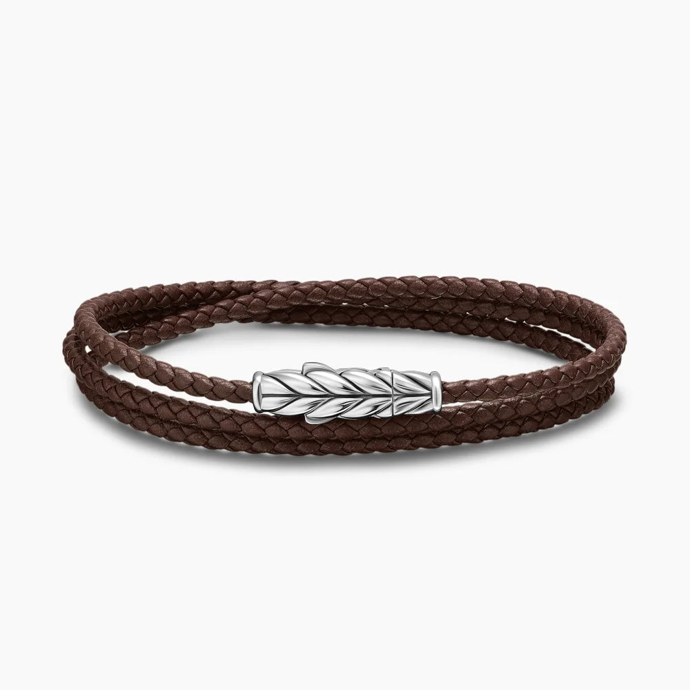 CHEVRON TRIPLE WRAP BRACELET Brown Leather with Sterling Silver, 3mm