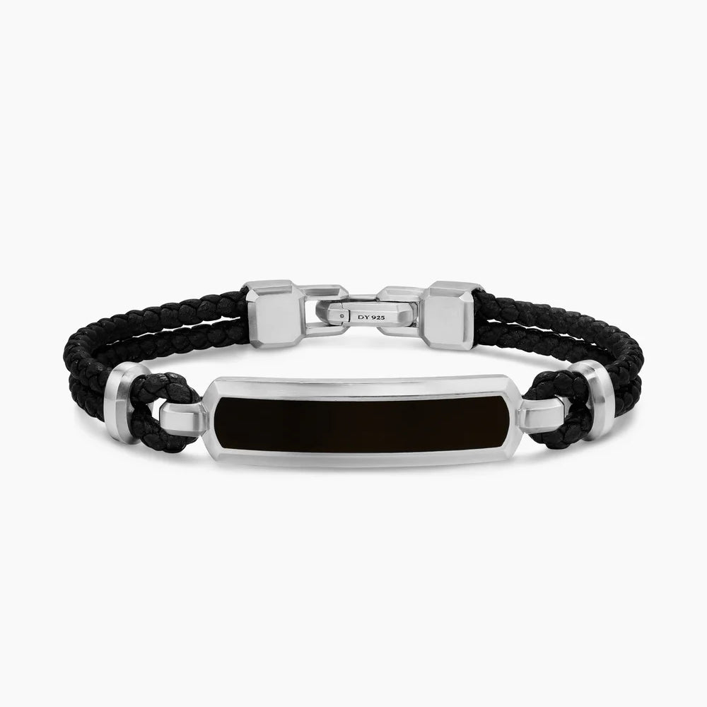 STREAMLINE® ID BAR BRACELET Black Leather with Sterling Silver and Black Onyx, 6mm
