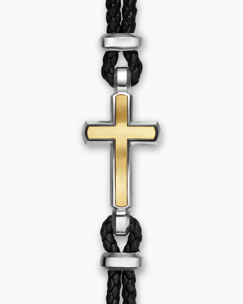 STREAMLINE® CROSS STATION BRACELET Black Leather with Sterling Silver and 14K Yellow Gold, 6mm