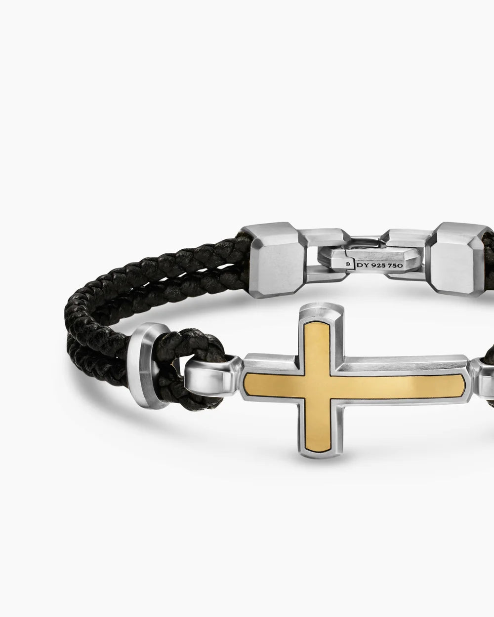 STREAMLINE® CROSS STATION BRACELET Black Leather with Sterling Silver and 14K Yellow Gold, 6mm