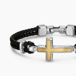STREAMLINE® CROSS STATION BRACELET Black Leather with Sterling Silver and 14K Yellow Gold, 6mm
