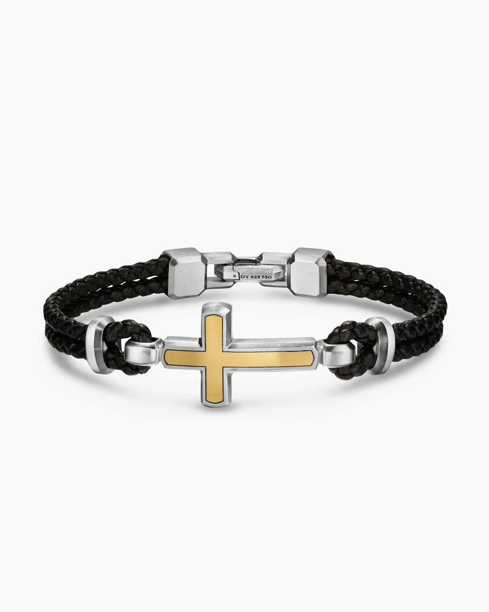 STREAMLINE® CROSS STATION BRACELET Black Leather with Sterling Silver and 14K Yellow Gold, 6mm