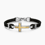 STREAMLINE® CROSS STATION BRACELET Black Leather with Sterling Silver and 14K Yellow Gold, 6mm