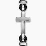 Black leather woven bracelet with sterling silver accents and a larger silver cross in the center. 