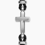 Black leather woven bracelet with sterling silver accents and a larger silver cross in the center. 