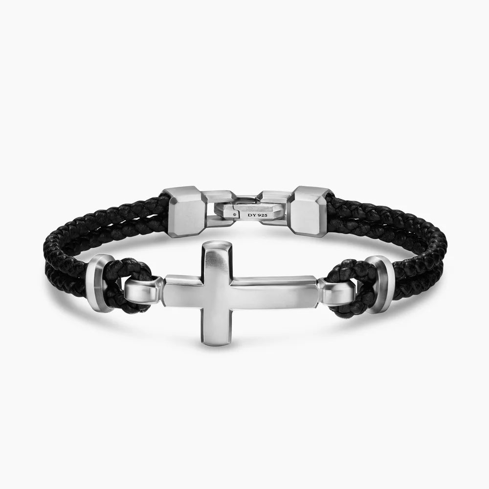 STREAMLINE® CROSS STATION BRACELET Black Leather with Sterling Silver, 6mm
