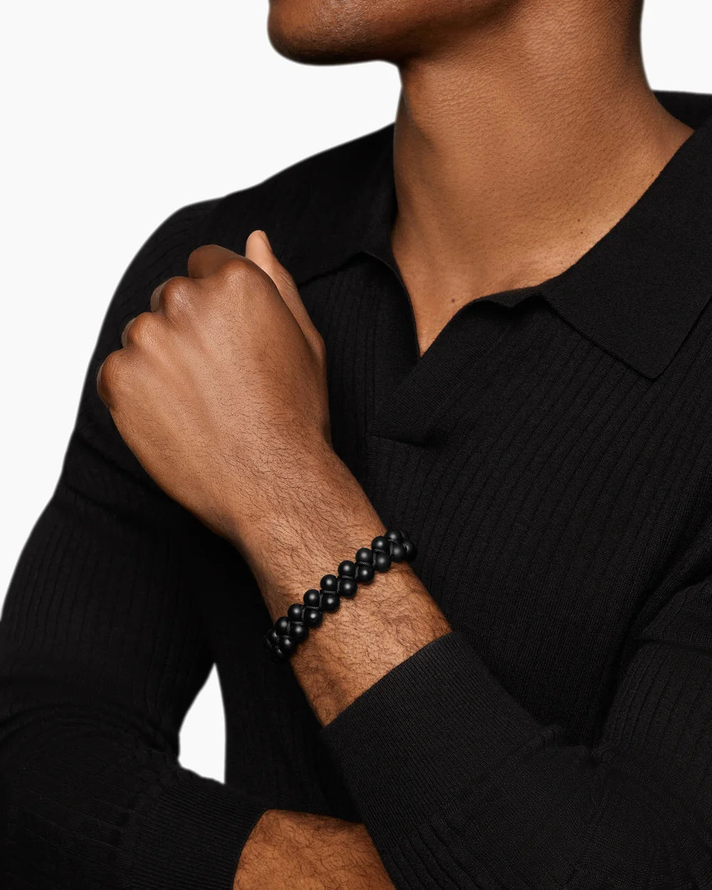 SPIRITUAL BEADS TWO ROW WOVEN BRACELET Black Onyx, Black Nylon and Sterling Silver, 8mm